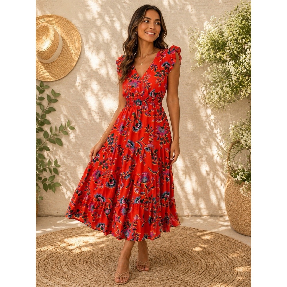 SUGARLIPS Papaya Floral Pisces Smocked Midi Dress New Size Xs